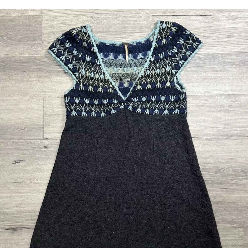 Free People Sweater Dress Women's Large Gray Fair Isle Nordic Tunic Wool Mini